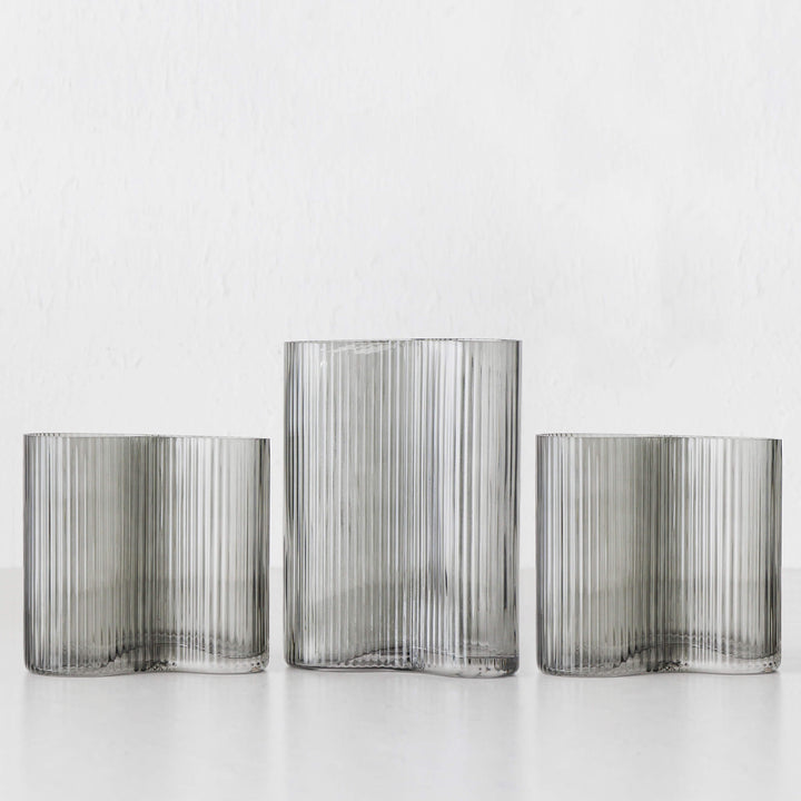 SMOKE GREY RIBBED VASE BUNDLE X3 | MEDIUM + LARGE | GREY