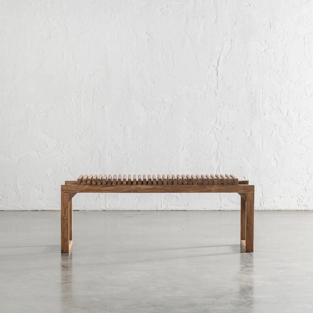 SORENSEN OSKI TEAK SLATTED BENCH SIDE VIEW