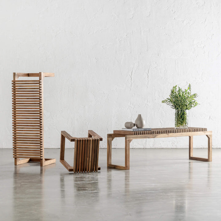 SORENSEN OSKI TEAK SLATTED BENCH + STOOL PACKAGE  |  40CM + 120CM  + 150CM