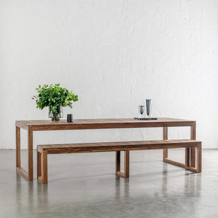 SORENSEN TEAK SLATTED DINING TABLE + BENCH |  260CM