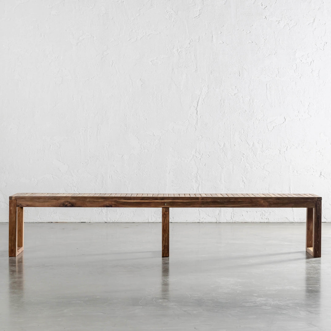 SORENSEN TEAK SLATTED BENCH SIDE VIEW  |  240CM