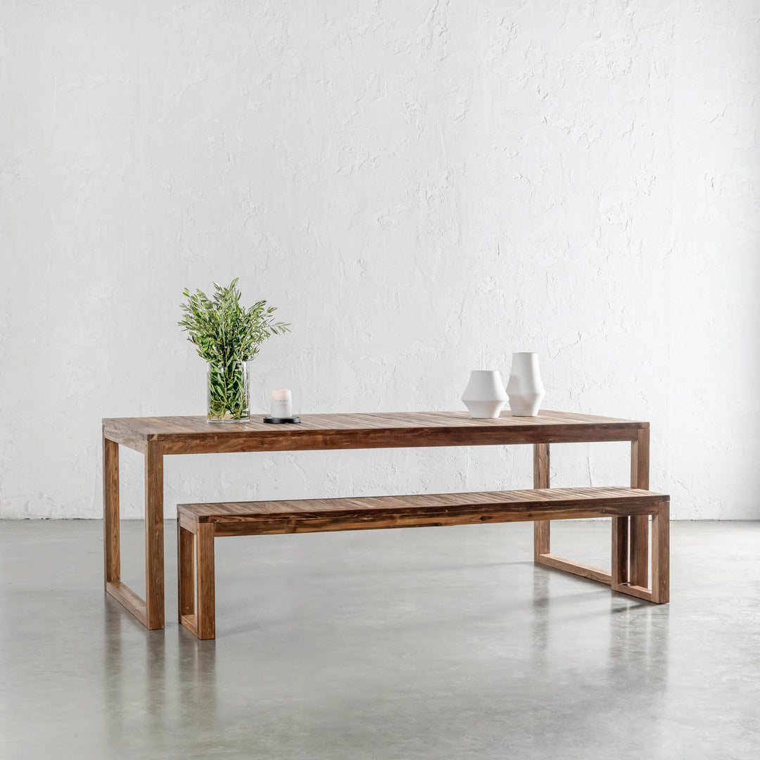 SORENSEN TEAK SLATTED DINING TABLE + BENCH PACKAGE