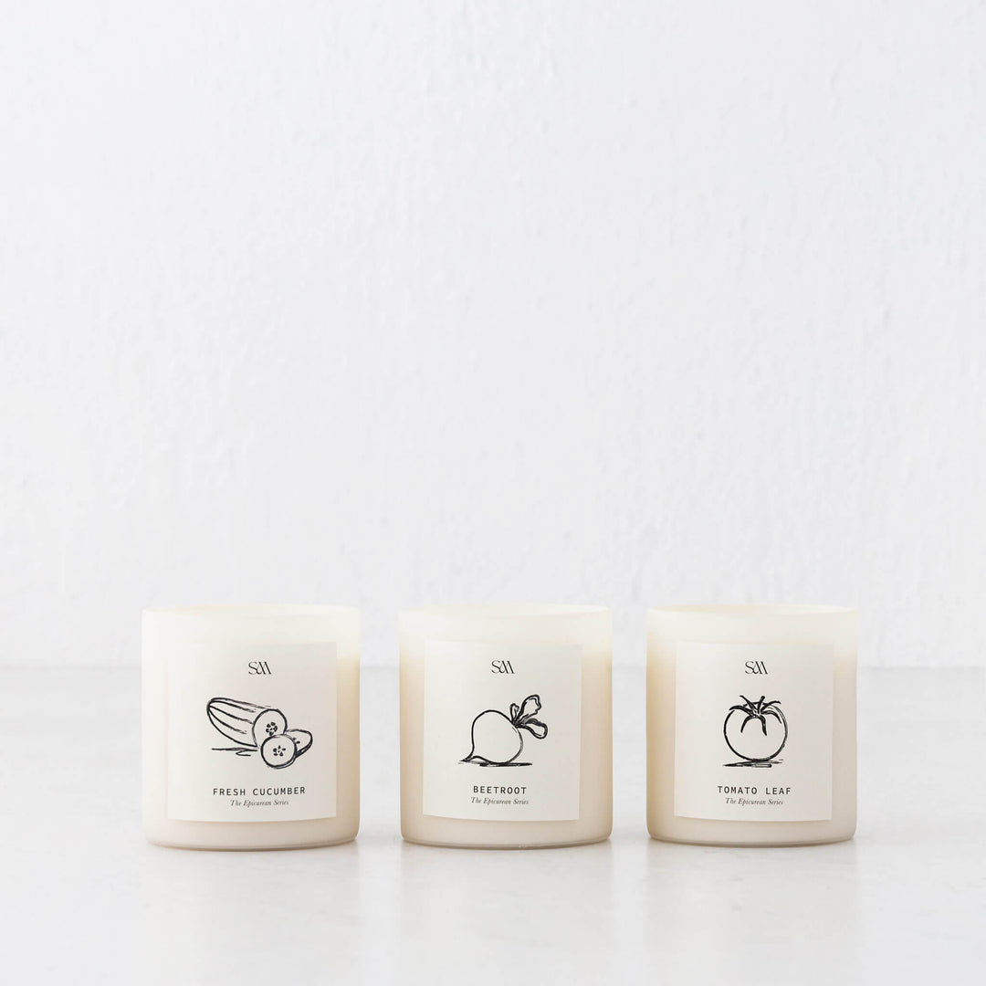 STUDIO MCKENNA  |  EPICUREAN SERIES BOX SET OF 3 CANDLES  |   CUCUMBER + TOMATO LEAF + BEETROOT
