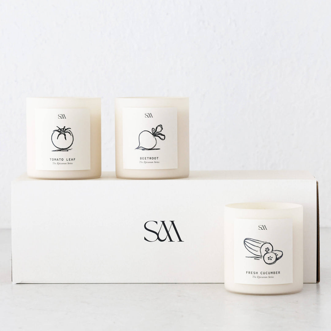 STUDIO MCKENNA  |  EPICUREAN SERIES SET OF 3 CANDLES  |   CUCUMBER + TOMATO LEAF + BEETROOT