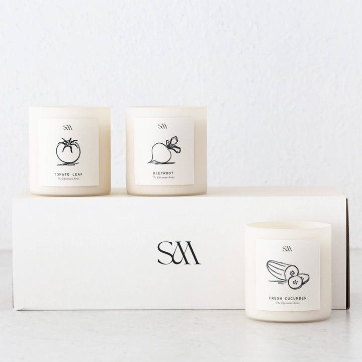 STUDIO MCKENNA  |  EPICUREAN SERIES SET OF 3 CANDLES  |   CUCUMBER + TOMATO LEAF + BEETROOT