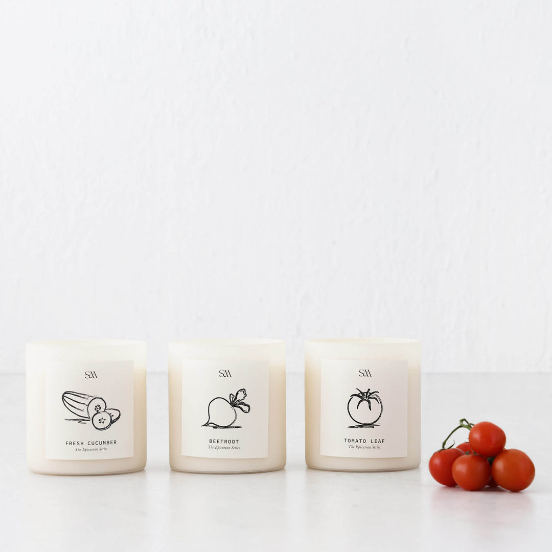 STUDIO MCKENNA  |  EPICUREAN SERIES SET OF 3 CANDLES  |   CUCUMBER + TOMATO LEAF + BEETROOT