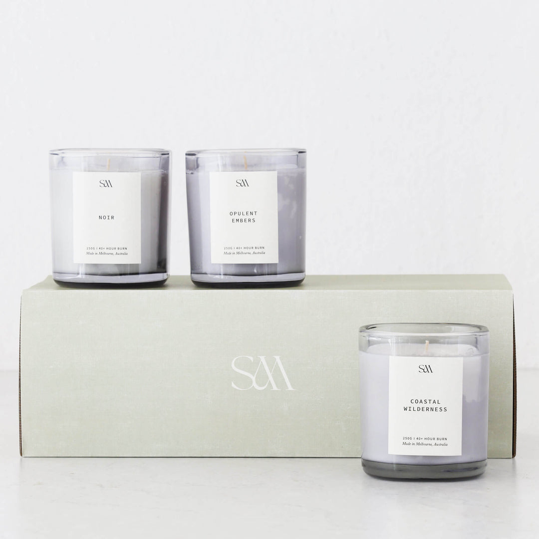 STUDIO MCKENNA  |  SIGNATURE SET OF 3 CANDLES  |   NOIR + COASTAL WILDERNESS + OPULENT EMBERS