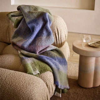 ST ALBANS ALPACA THROW RUG  |  DAINTREE GREEN OLIVE + PURPLE + WHITE STYLED