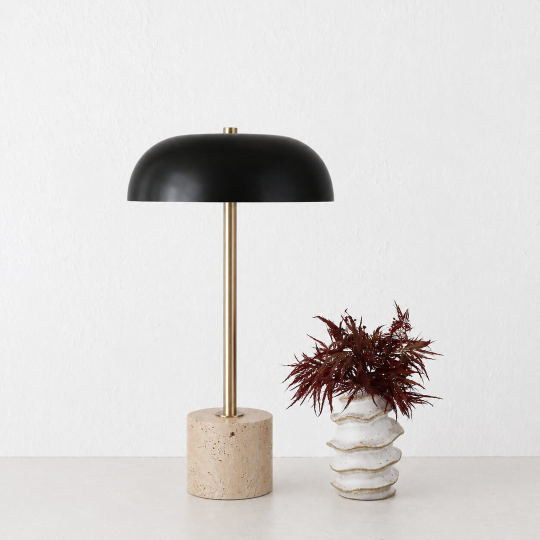 San Lourenca Marble Table Lamp  |  Dark Brass Shade + Travertine
