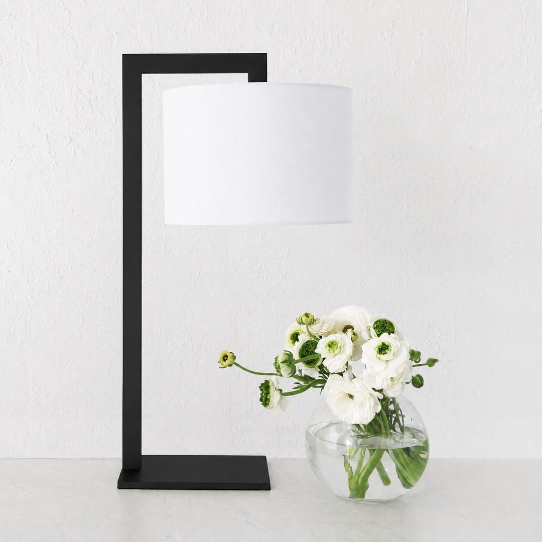 SANTANA TABLE LAMP  |  66CM  |  BLACK METAL + WHITE LINEN