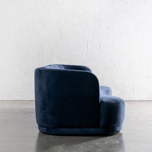SAUVEUSE ROUNDED 4 SEATER SOFA SIDE VIEW  |  COMMANDES NAVY TEXTURED VELOUR