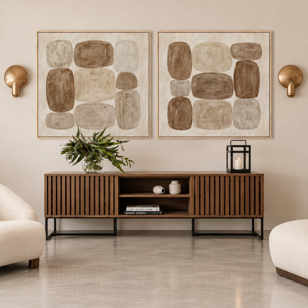 SAVONA FRAMED CANVAS PRINT  |  SET OF 2  |  100X100CM  |  SAND + WARM BEIGE  |  LIGHT NATURAL FRAME