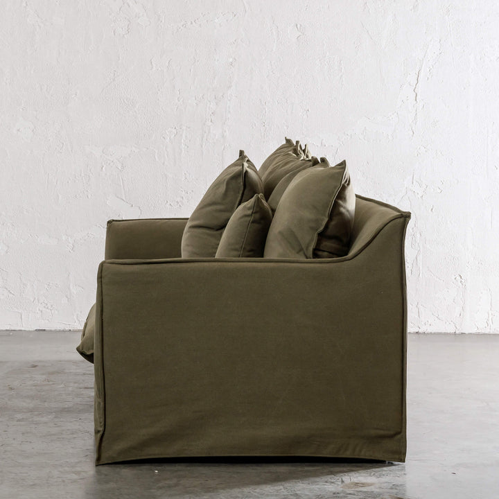 EXTRA FULL SET SOFA COVER   |  SEVILLA 3 SEATER SLIP COVER SOFA SIDE VIEW   |  BRACKEN GREEN