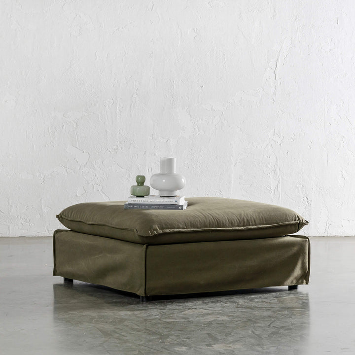 SEVILLA SLIP COVER SQUARE OTTOMAN | BRACKEN GREEN