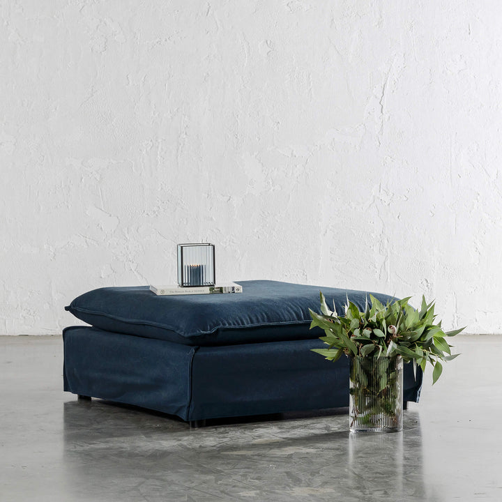 SEVILLA SLIP COVER SQUARE OTTOMAN | MIDNIGHT DENIM | STYLED