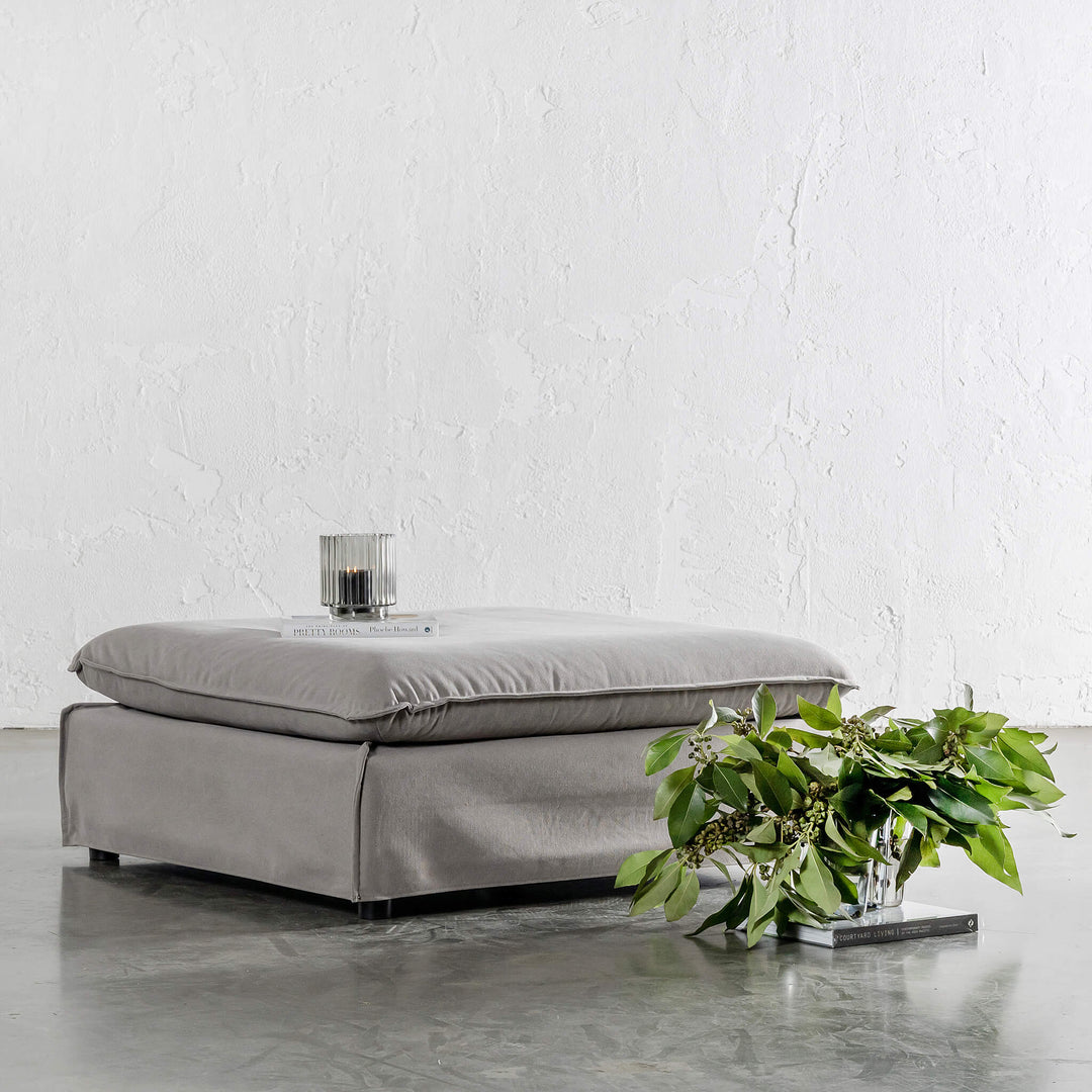 SEVILLA SLIP COVER SQUARE OTTOMAN   |  OYSTER LINEN