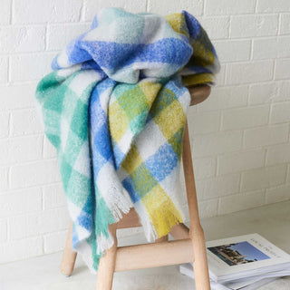 ST ALBANS MOHAIR THROW RUG  |  OXFORD BLUE YELLOW GREEN WHITE STYLED
