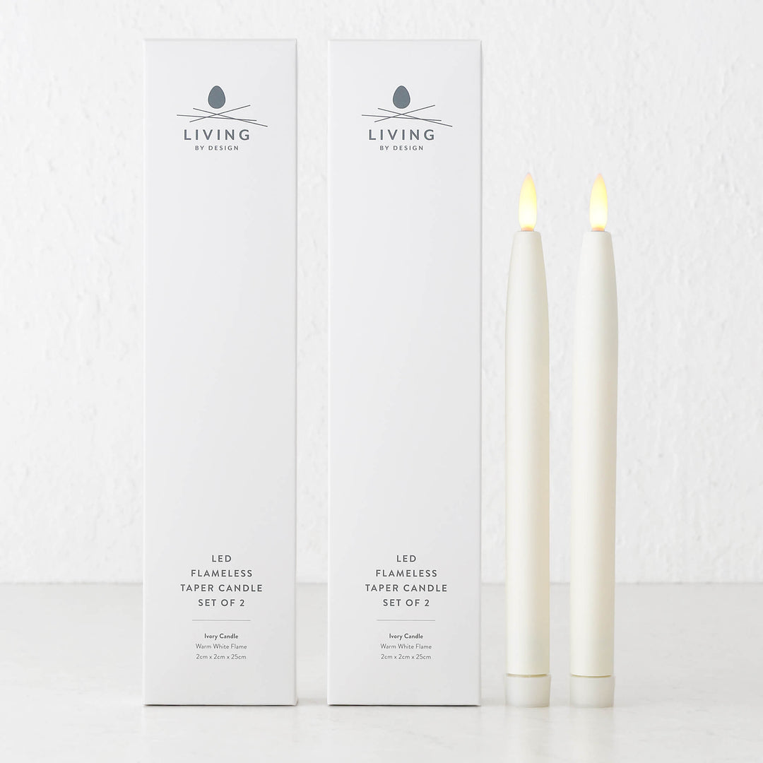 TAPER FLAMELESS LED FLICKING WAX CANDLE + REMOTE  |  IVORY