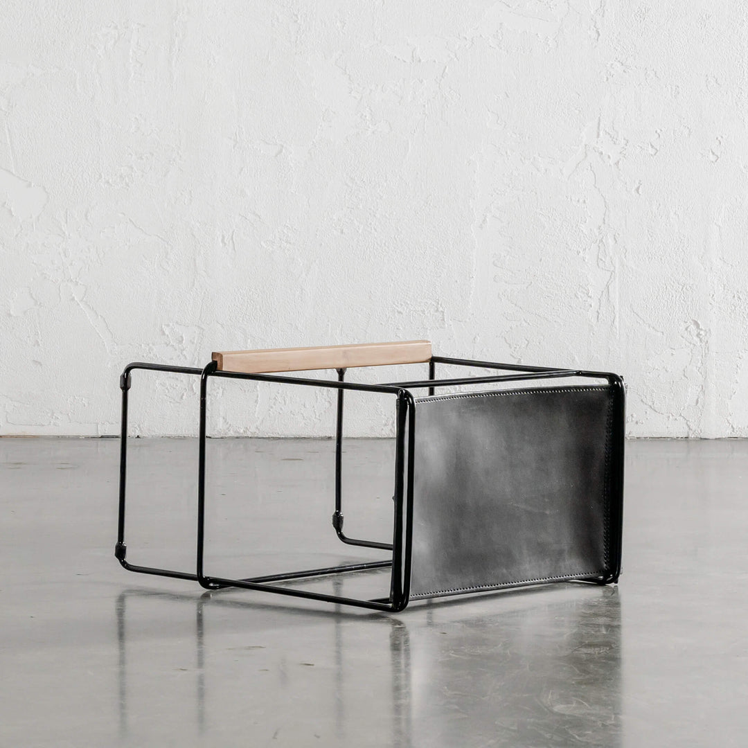 TARO BLACK LEATHER STOOL |  BLACK STEEL FRAME CLOSE UP