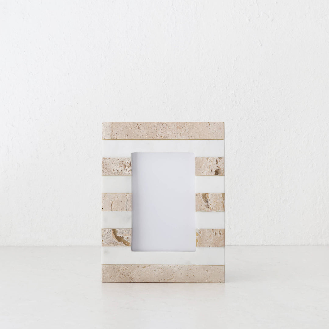 TIA PHOTO FRAME | 4X6 | TRAVERTINE + MARBLE STRIPE