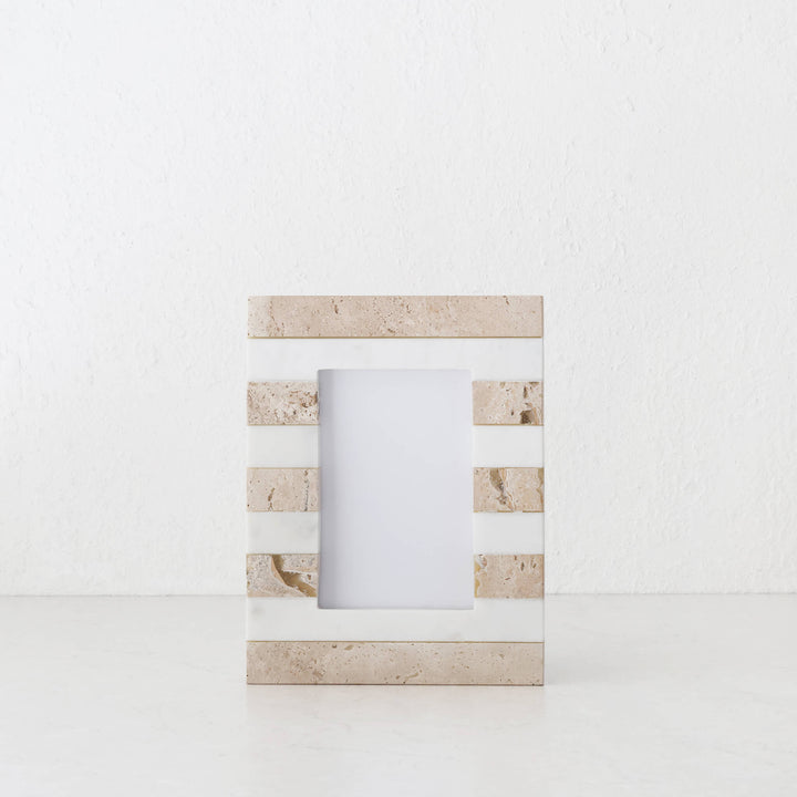TIA PHOTO FRAME | 4X6 | TRAVERTINE + MARBLE STRIPE