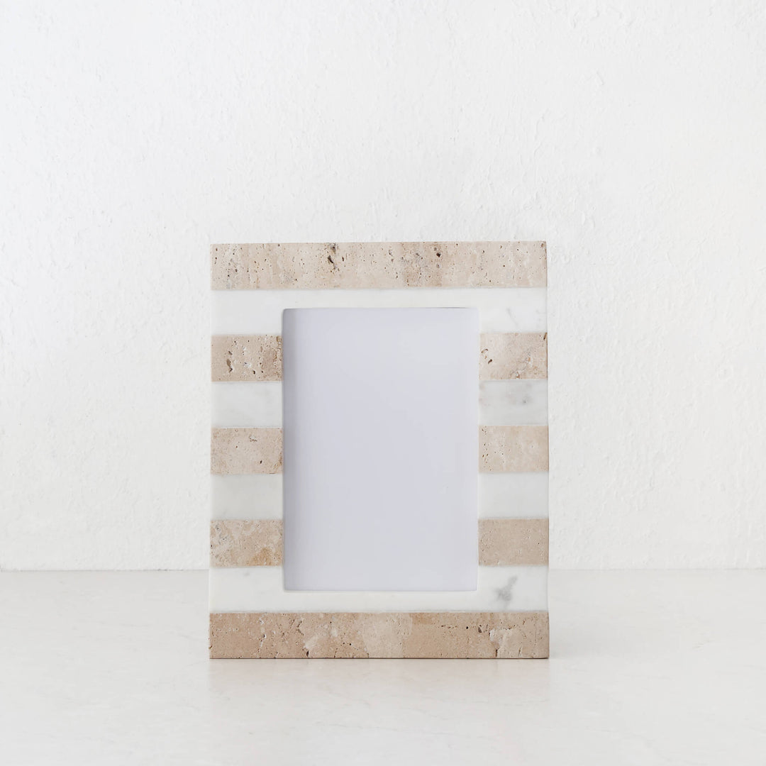 TIA PHOTO FRAME | 5X7 | TRAVERTINE + MARBLE STRIPE