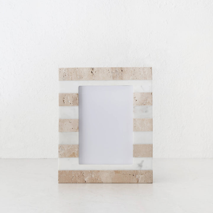 TIA PHOTO FRAME | 5X7 | TRAVERTINE + MARBLE STRIPE