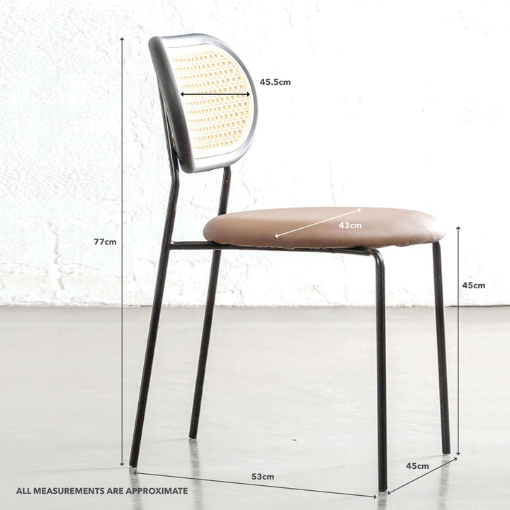 TORSBY INDOOR/OUTDOOR DINING CHAIR  |  NOIR BLACK + COGNAC TAN SEAT  |  MEASUREMENTS