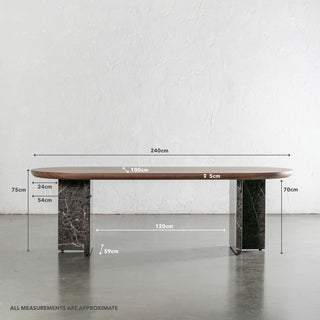 TOULON MARBLE DINING TABLE  |   240CM  |  DEEP WALNUT WOOD GRAIN  |  PIETRA DARK GREY MARBLE | MEASUREMENTS