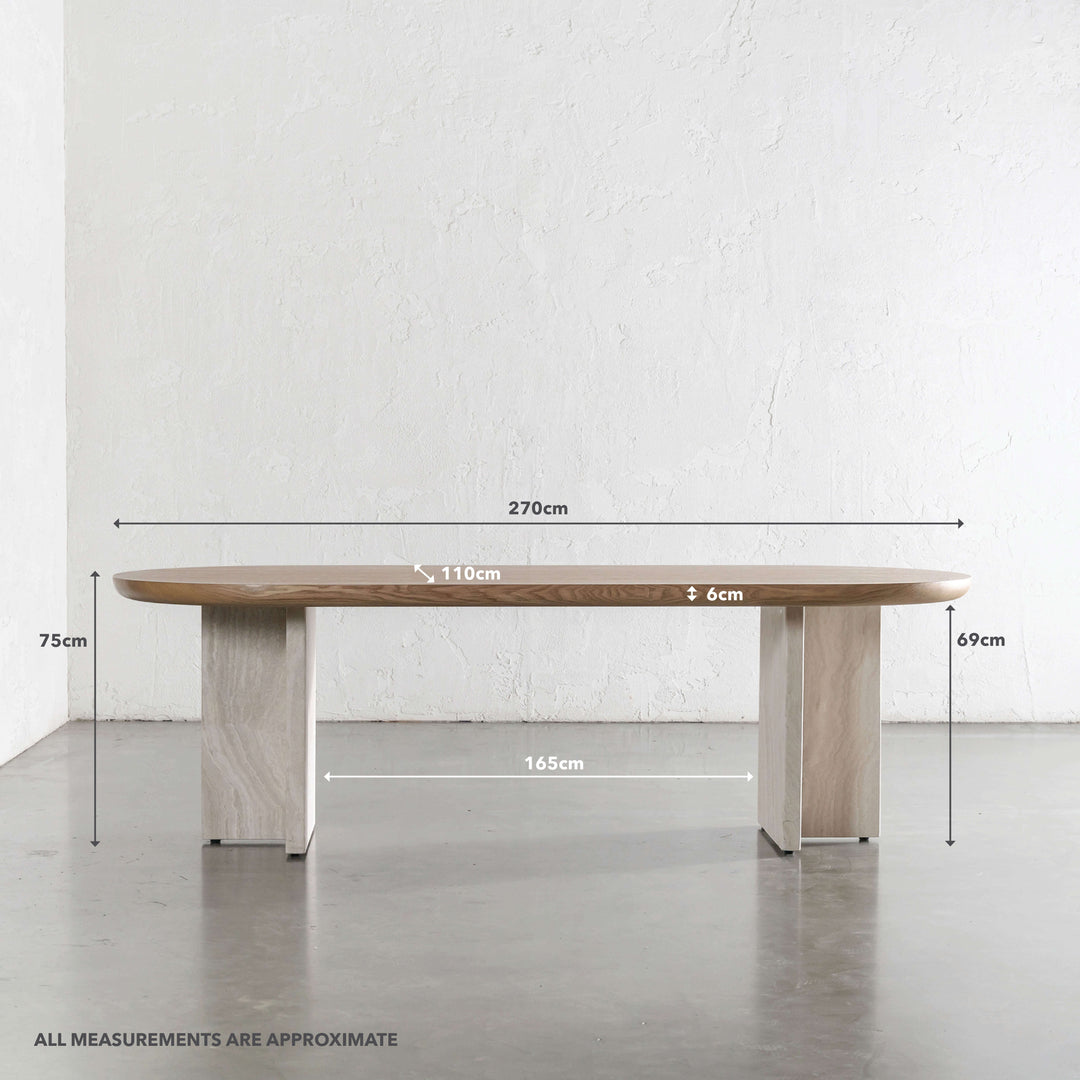 TOULON MARBLE DINING TABLE  |   270CM  |  BIRCH ASH WOOD GRAIN  |  CAPIR NUTMEG MARBLE | MEASUREMENTS