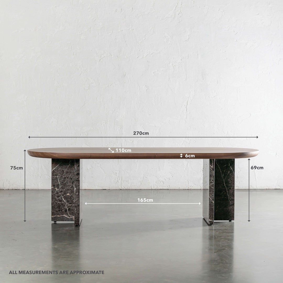 TOULON MARBLE DINING TABLE  |   270CM  |  DEEP WALNUT WOOD GRAIN  |  PIETRA DARK GREY MARBLE | MEASUREMENTS