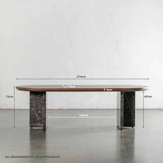 TOULON MARBLE DINING TABLE  |   270CM  |  DEEP WALNUT WOOD GRAIN  |  PIETRA DARK GREY MARBLE | MEASUREMENTS