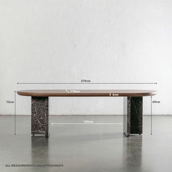 TOULON MARBLE DINING TABLE  |   270CM  |  DEEP WALNUT WOOD GRAIN  |  PIETRA DARK GREY MARBLE | MEASUREMENTS