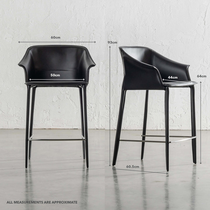 TREGOR MID CENTURY VEGAN LEATHER BAR CHAIR | NOIR BLACK \| MEASUREMENTS