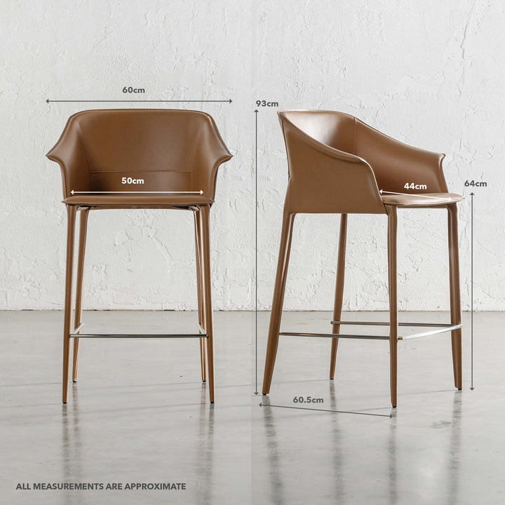 TREGOR MID CENTURY VEGAN LEATHER BAR CHAIR | SADDLE TAN | MEASUREMENTS