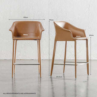 TREGOR MID CENTURY VEGAN LEATHER BAR CHAIR  |  SADDLE TAN | MEASUREMENTS