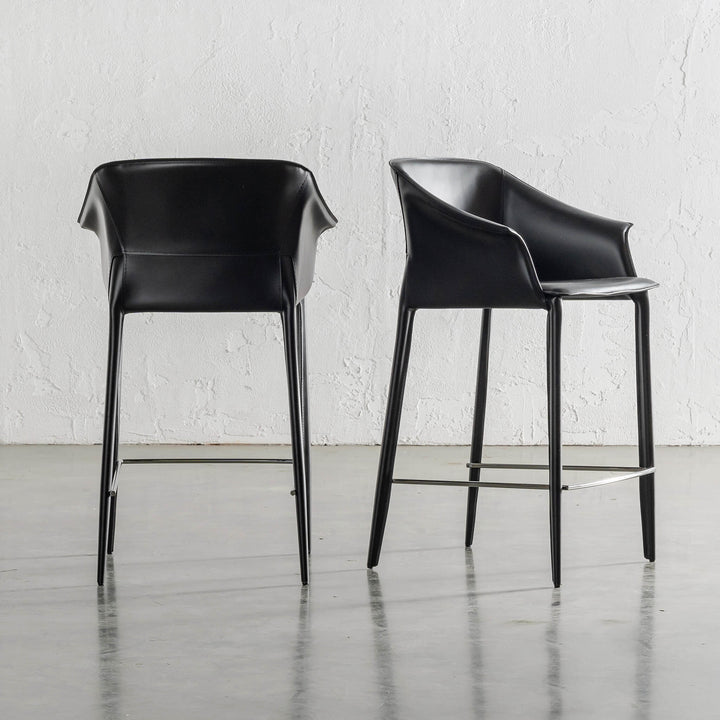 TREGOR MID CENTURY VEGAN LEATHER BAR CHAIR ANGLED  |  NOIR BLACK