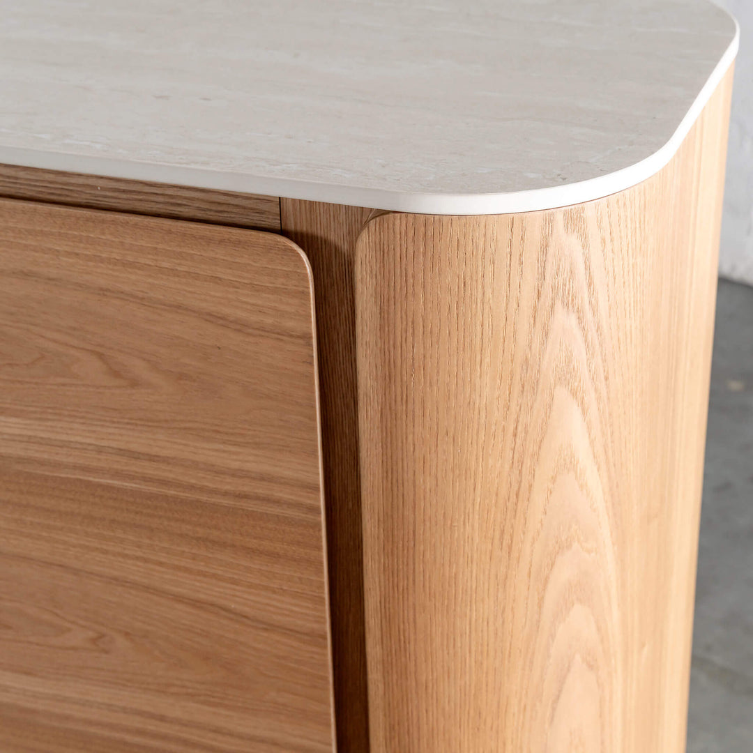 TREVELO SIDEBOARD  |  BIRCH ASH WOOD GRAIN  |  TRAVERTINE TUMBLED BEIGE CERAMICA TOP