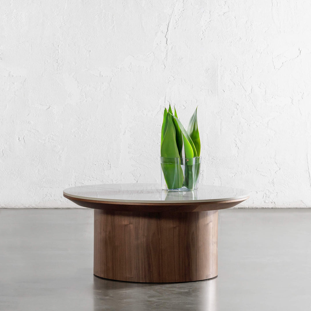 TREVELO COFFEE TABLE  |  DEEP WALNUT WOOD GRAIN  |  CARRARA BIANCO CERAMICA TOP
