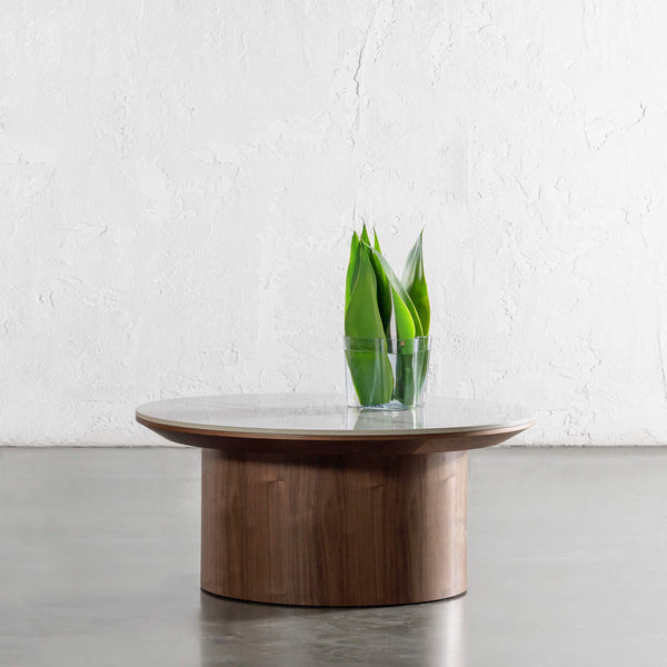 TREVELO COFFEE TABLE  |  DEEP WALNUT WOOD GRAIN  |  CARRARA BIANCO CERAMICA TOP