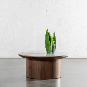 TREVELO COFFEE TABLE  |  DEEP WALNUT WOOD GRAIN  |  CARRARA BIANCO CERAMICA TOP