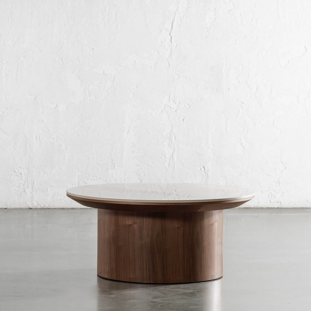TREVELO COFFEE TABLE  |  DEEP WALNUT WOOD GRAIN  |  CARRARA BIANCO CERAMICA TOP