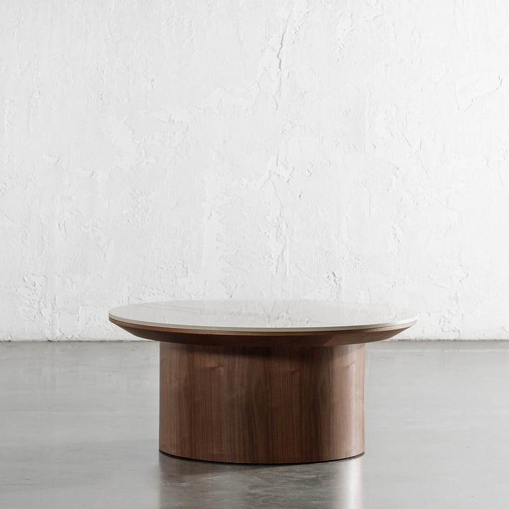 TREVELO COFFEE TABLE  |  DEEP WALNUT WOOD GRAIN  |  CARRARA BIANCO CERAMICA TOP
