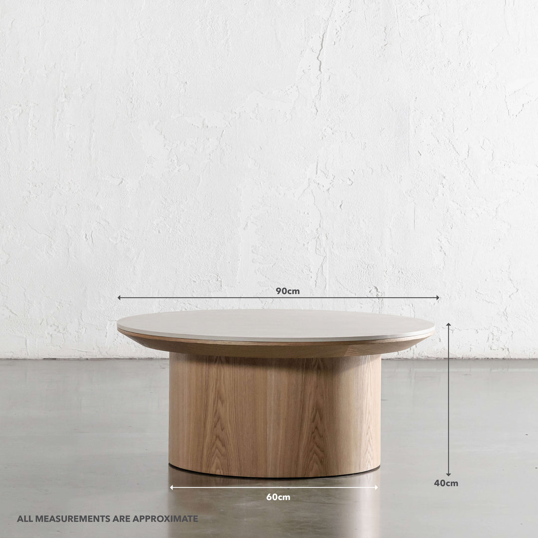 TREVELO COFFEE TABLE  |  BIRCH ASH WOOD GRAIN  |  TRAVERTINE TUMBLED BEIGE CERAMICA TOP | MEASUREMENTS