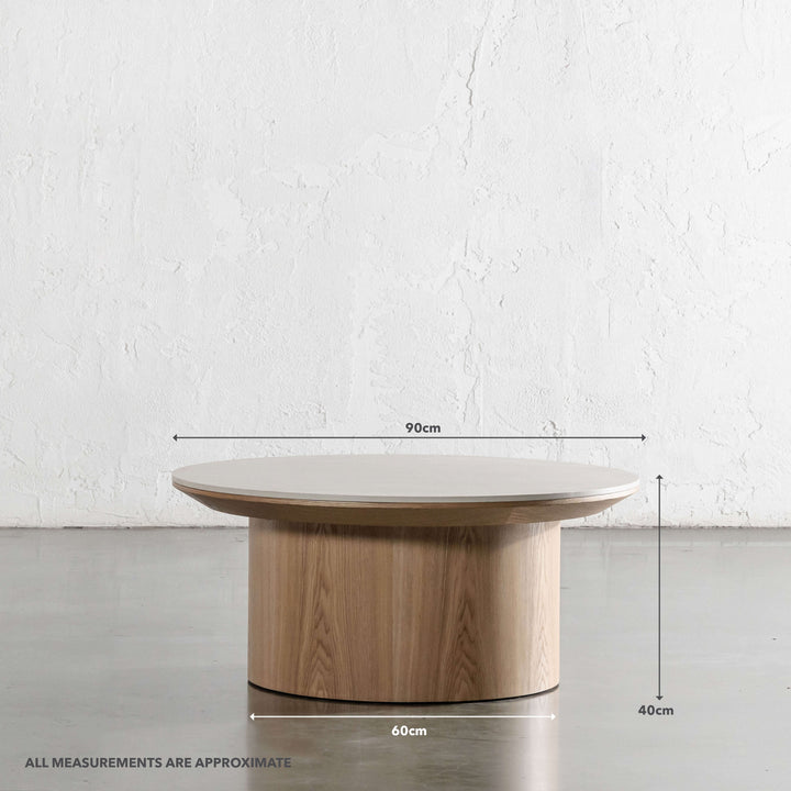 TREVELO COFFEE TABLE  |  BIRCH ASH WOOD GRAIN  |  TRAVERTINE TUMBLED BEIGE CERAMICA TOP | MEASUREMENTS