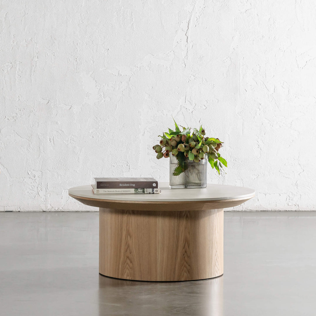 TREVELO COFFEE TABLE  |  BIRCH ASH WOOD GRAIN  |  TRAVERTINE TUMBLED BEIGE CERAMICA TOP