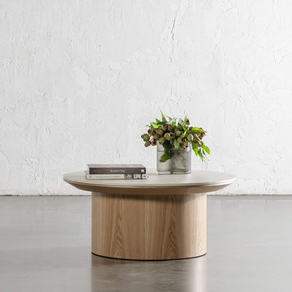 TREVELO COFFEE TABLE  |  BIRCH ASH WOOD GRAIN  |  TRAVERTINE TUMBLED BEIGE CERAMICA TOP