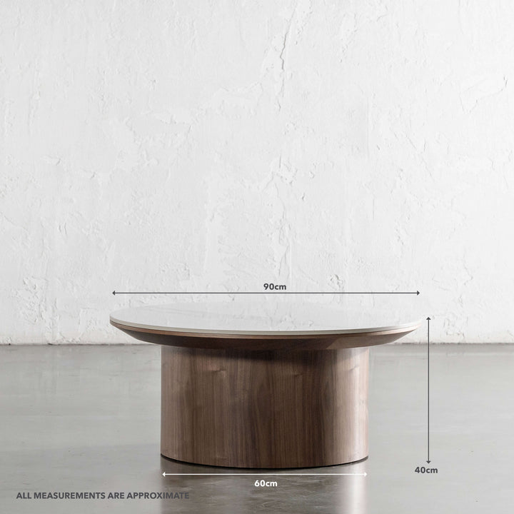 TREVELO COFFEE TABLE  |  DEEP WALNUT WOOD GRAIN  |  CARRARA BIANCO CERAMICA TOP | MEASUREMENTS