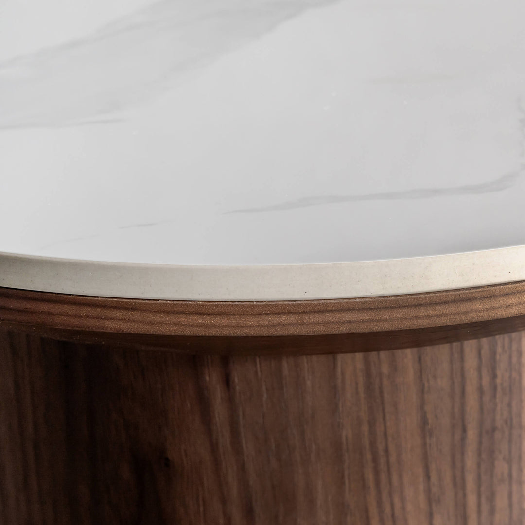 TREVELO COFFEE TABLE  |  DEEP WALNUT WOOD GRAIN  |  CARRARA BIANCO CERAMICA TOP