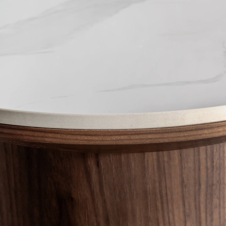 TREVELO COFFEE TABLE  |  DEEP WALNUT WOOD GRAIN  |  CARRARA BIANCO CERAMICA TOP